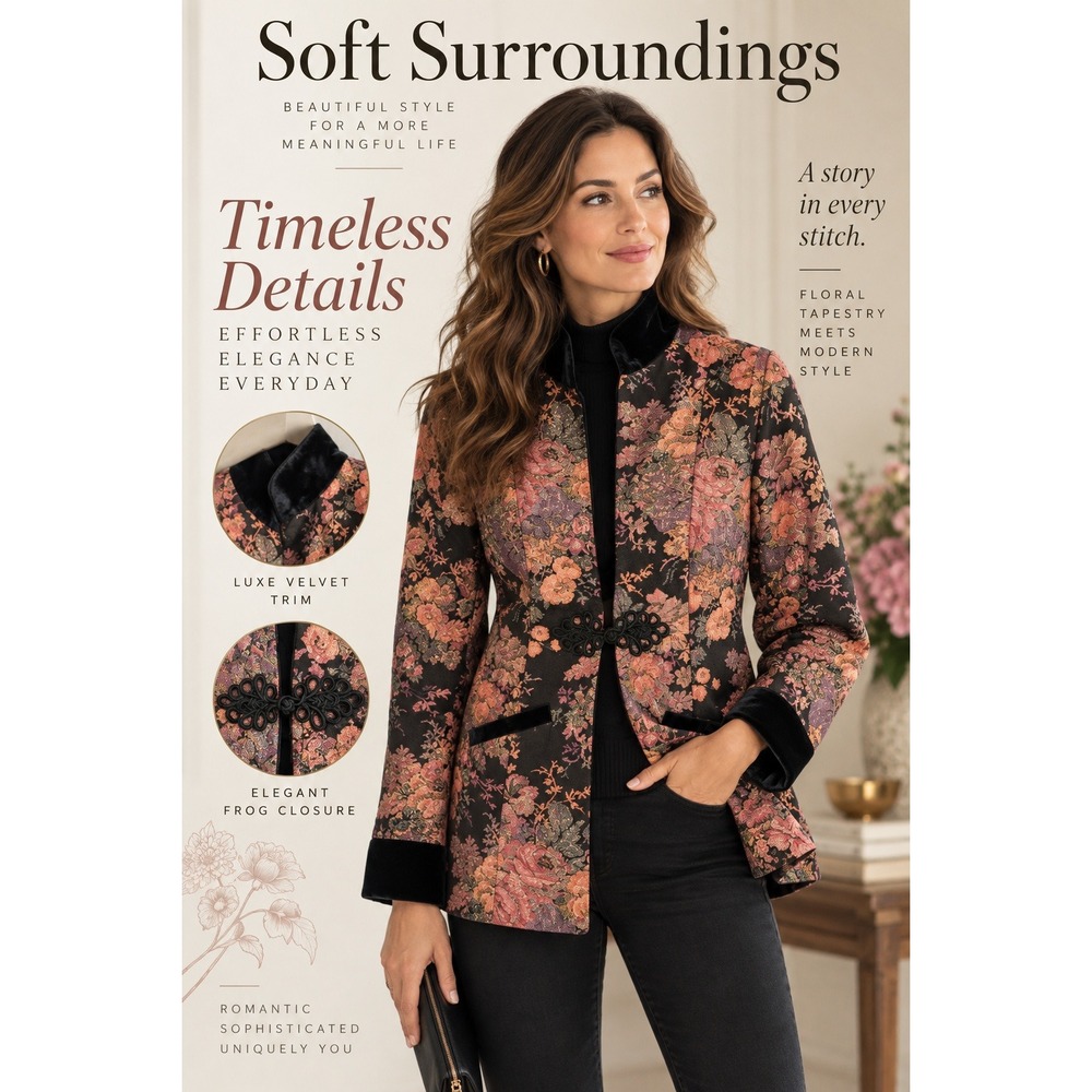 Soft Surroundings Tapestry Jacket Women PXS Black Pink Floral Velvet Frog Coat